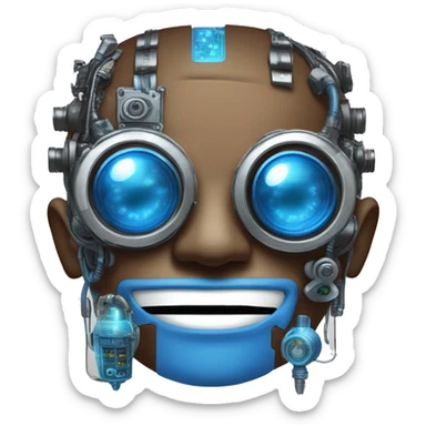 Brown cyborg head with blue Mohawk, blue beard, silver steampunk monocle goggles a smile and circuits sticker