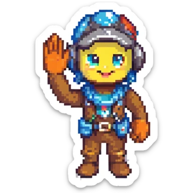 pixel art of a friendly developer mascot waving, with a background of code and UI elements sticker