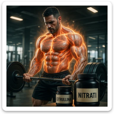 medium build bodybuilder lifting weights, glowing aura highlighting blood flow in muscles, jars of Citrulline and Nitrates with Italian labels in foreground, modern gym environment, powerful atmosphere, realistic details sticker