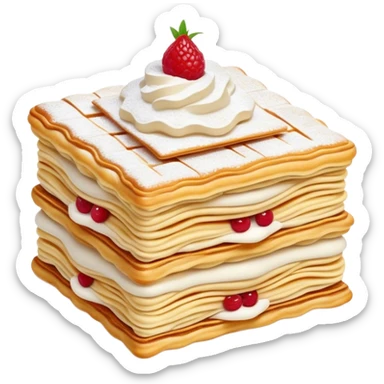 Cinematic Realistic Mille-Feuille Dessert Emoji, depicted as layered puff pastry with rich cream and a dusting of powdered sugar rendered with intricate textures and elegant, soft lighting. sticker