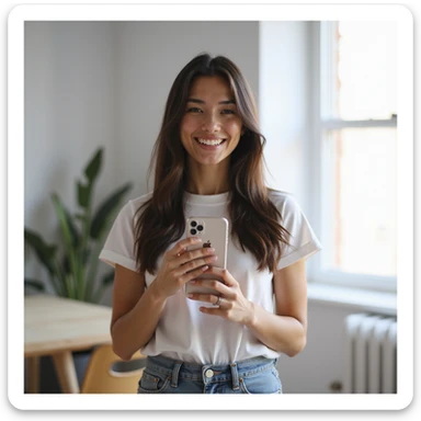 realistic PNG image of a woman with long straight dark brown-black hair holding an iPhone recording a TikTok video smiling slightly dressed in a t-shirt and jeans in a modern room transparent background sticker