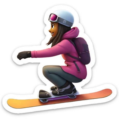 a girl snowboarding down a mountain with a sunset and skilift in the backround sticker