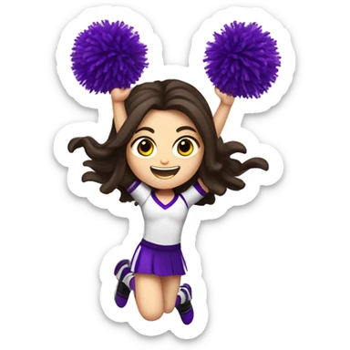 Caucasian cheerleader with long dark brown hair, jumping and holding up two purple Pom poms, small full body emoji sticker