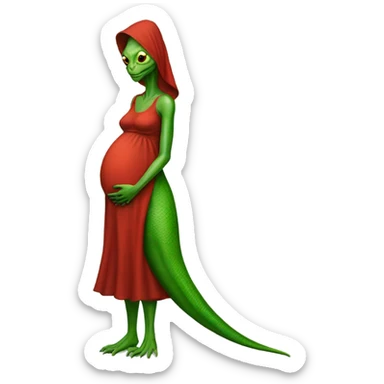 green Pregnant Reptilian alien woman, full body in red dress sticker