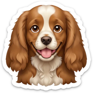 The face of a cute adult cocker spaniel dog, with dark brown ears and back, and golden brown face and chest, with a very happy face sticker