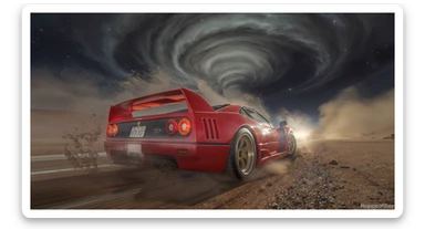 Cinematic still of a ferrari f40 around tornado od arizona desert, sun flare, captured by gopro hero with effect fisheye, water drops on car body, detailed, inspired by interstellar look sticker