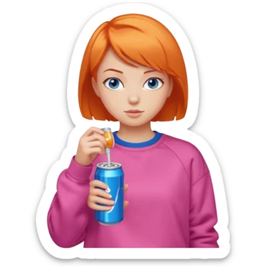 orange short hair girl sipping energy drink, blue eyes, pink sweatshirt sticker
