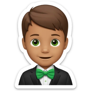 baby boy brown hair in suit, with green bow, smile sticker
