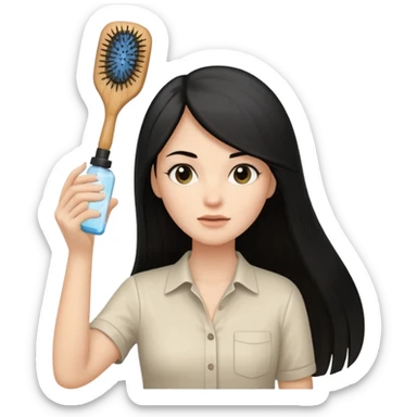 A white woman with long, straight black hair, wearing an ivory-colored shirt, holding a small square wooden paddle hairbrush in her left hand and spraying a hair mist bottle with her right hand toward her hair. sticker