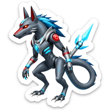 White and blue and cyan and red cyberpunk intricate neon glowing grey white futuristic cyborg-Anubis-Zeraora-Zoroark-fusion (full body) sticker