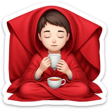A European boy is sitting comfortably under a blanket, wrapped in a red blanket, drinking tea with his eyes closed. sticker