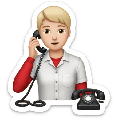person standing at a desk, holding a telephone receiver to their ear, suggesting a phone call. sticker
