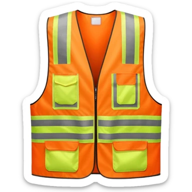 orange safety vest with bright yellow reflective stripes, construction site workwear, emoji style sticker