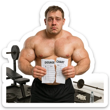 realistic beginner bodybuilder with swollen asymmetric muscles, puffy face and red eyes, torn dosage chart in hand, regretful expression, messy gym, isolated on white background, 4K quality sticker