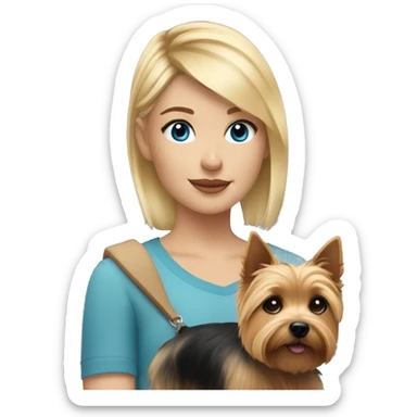 me - girl with blond hair on top and black line under with blue eyes with norwich terrier dog  sticker