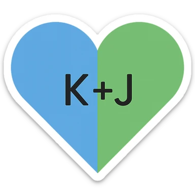 minimalist style blue and green heart with the letters K+J in the center, transparent background sticker