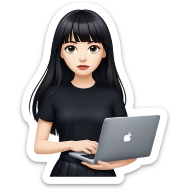 Beautiful white girl, with dark very long hair with bang, wearing black Chanel shirt, holding MacBook  sticker