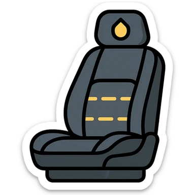 luxury car seat in matte black with a small droplet or shield on the headrest, elegant stitching, minimalist lines, modern and clean style icon sticker