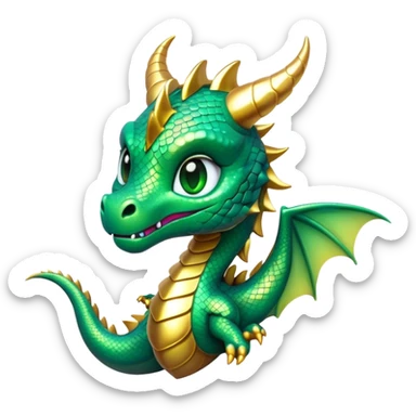 Cinematic Cute Dragon Portrait Emoji, Head tilted playfully and inquisitively, featuring a sleek, serpentine form adorned with iridescent scales that shift between emerald and gold, a delicate set of subtle horns, and round, sparkling eyes full of curious magic; rendered with realistic detail and warm natural light, high shine, affectionate and enchanting, styled with a touch of whimsical fantasy, soft glowing outline, capturing the essence of a mischievous yet lovable dragon that seems poised to slither playfully into your arms! sticker