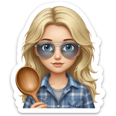 girl with long blond messy hair wearing grey plaid shirt with blue eyes and aviator sunglasses wearing a ring on her silver necklace, holding wooden spoon sticker