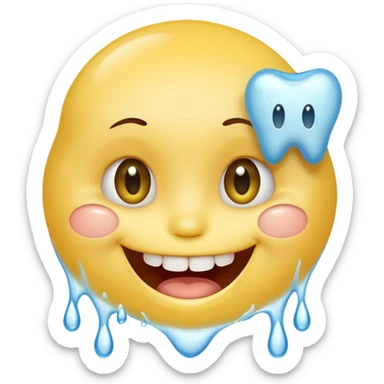 Yellow smiley face holding back tears with realistic watery eyes, and a big human tooth smile sticker