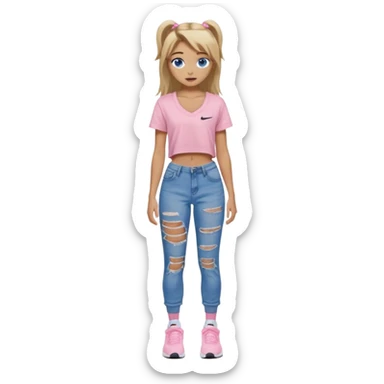 preppy teenage girl, blue eyes, tan, less blonde highlights, brown long hair, wearing ripped blue very long and very baggy jeans with a light pink sexy revealing very low neck crop top, wearing Nike shoes with Nike socks, very sexy, really really long eyelashes, very pretty sticker
