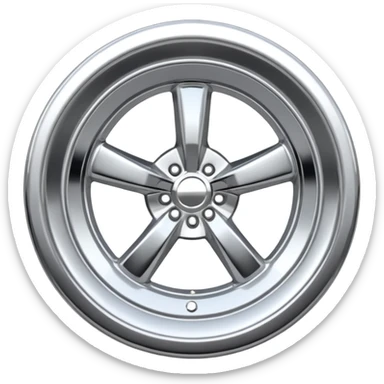 A chrome car wheel emoji, polished silver metal rim, smooth circular shape, minimal futuristic design, soft reflections, iOS emoji style, centered on white background, ultra clean look sticker