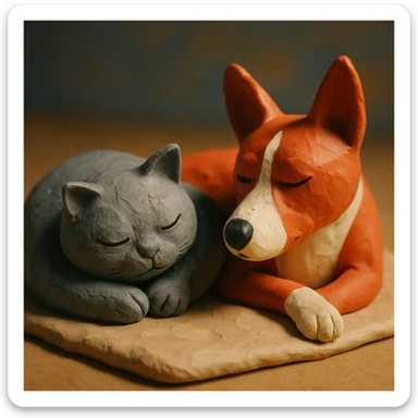 A gray British Shorthair cat curled up and sleeping next to a red Basenji dog sticker
