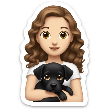 white girl with wavy brown hair holding black dog sticker