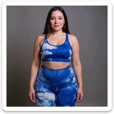 Realistic style image of a woman in sportswear inspired by the reference photo, showing diffuse swelling on legs and abdomen with signs of water retention, natural pose, neutral background. sticker