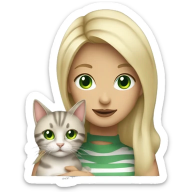 blonde woman green eyes holding gray striped cat sticker