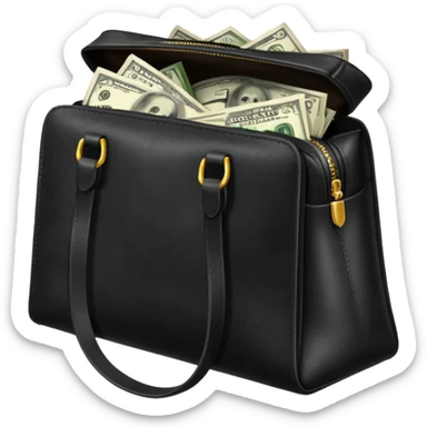 Create a black leather bag with a stack of cash inside in authentic Apple emoji style. sticker