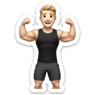 Joyful Celebrating victory Pale skinned Fit Man With the biceps and dark brown hair in black shirt, gray sports shorts and white Sneakers sticker