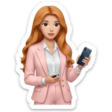 pale skin Kim Kardashian with ginger wavy long Hair, light pink  Spacious classical jacket, light pink palazzo Arrow pants and white blouse holding white IPhone 15 pro in the hands sticker