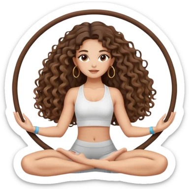 cute balayage brunette long hair curly/wavy haired girl, hoop earrings, clean girl makeup DOING a YOGA pose sticker