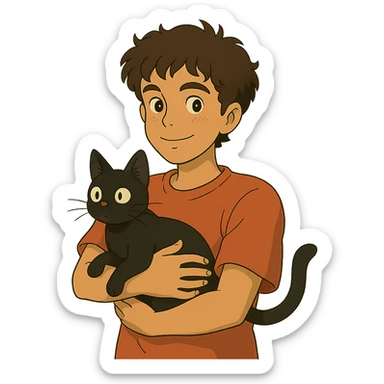 ghibli style young male with brown light skin, slightly curly hair, holding a black cat sticker