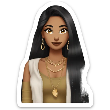 Glamorous, streetwear, black hair, long straight hair, olive skin, brown almond eyes, winged eyeliner with big lashes, wearing hooped earrings, rings and bracelets, almond fake nails sticker