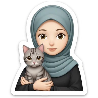 White girl wearing pretty hijab holding a black grey tabby cat while standing sticker