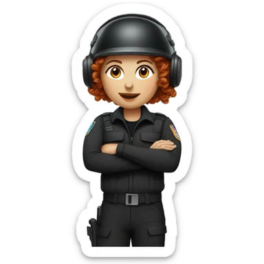 operator dressed in black with a milatary helmet, without glasses, wearing a headset, ready to respond to alerts, preferably curly redhead female  sticker