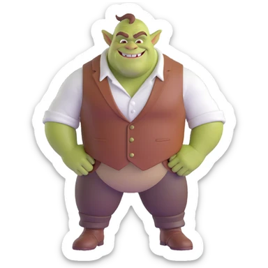 Shrek as a 3D character, green ogre, brown vest, white shirt, smiling, standing in a forest sticker