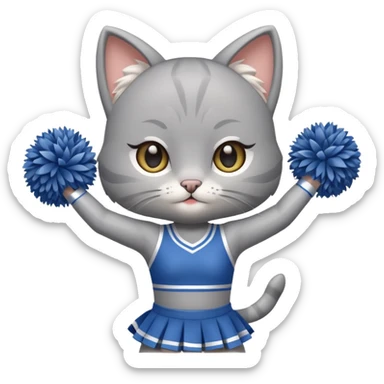 A cute chibi sleek grey cat cheerleader twirling pom-poms with confident energy. sticker