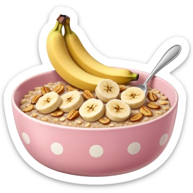 banana baked oats in a bowl like oat meal with a couple banana slices on top that look a little bit caramelised and a light pink bowl with white polka dots sticker
