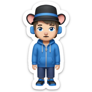 Minecraft character with a top hat And a hoodie That is blue And has a elephant And short hair And A eye patch That is white And black shoes And  Dot eyes  That are  Dark blue And a mouth Drooling And the skin mixed sticker