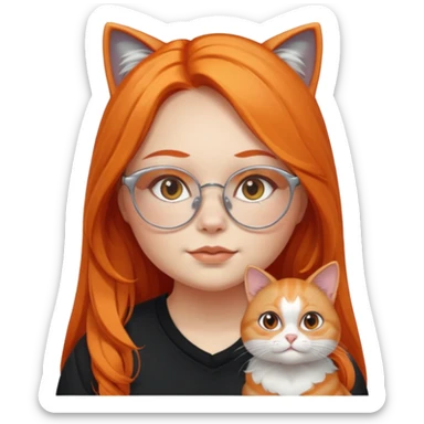 girl with chubby cheeks, very long orange hair, and silver cat-eye glasses. Black clothes. Without cat or cat ears sticker