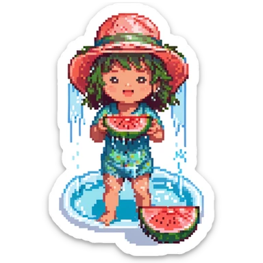Change the river color to a vibrant turquoise, keeping the rest of the pixel art scene the same, with a cute kid in a sun hat eating watermelon by the riverside, splashing water, sparkles, and a refreshing breeze. sticker