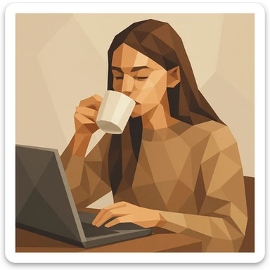 young 20-year-old woman with long straight brown hair, wearing a sweater, drinking coffee and working on a laptop, modern illustration style, simple background sticker