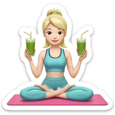 Девушка-мемоджи радостно сидит на коврике для йоги, в спортивной позе, в ярком стильном спортивном комплекте. Лицо сияющее, улыбка очень довольная и счастливая, в руках яркий стакан освежающего матча-лимонада, вокруг атмосфера свежести, отдыха и комфорта. Белый фон. 2 руки и 2 ноги sticker