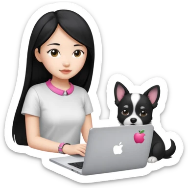 Blue back ground, Asian girl with long black hair , wearing a white t-shirt, working on an Apple laptop, next to her is a small black and white dog with pink collar on  sticker