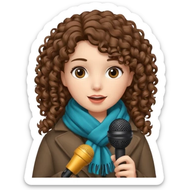 curly haired woman with winter clothes holding microphone sticker