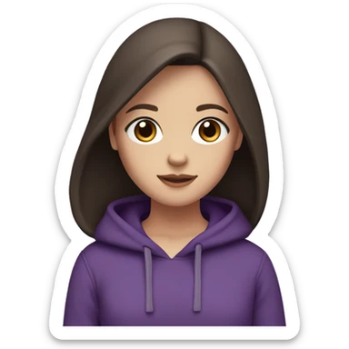 A white girl with dark brown straight hair and dark brown eyes with a purple hoodie sticker